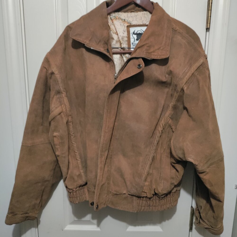VTG Steer Brand L Bomber Leather Jacket Mens Brown Graphic Lined Aviation EUC